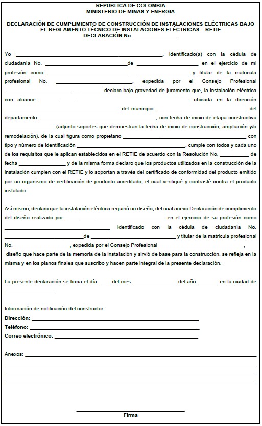 Artículo 4.3.6. Formatos de la declaración de cumplimiento 2 Declaracion cumplimiento construccion instalaciones electricas