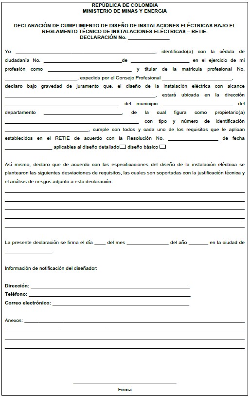 Artículo 4.3.6. Formatos de la declaración de cumplimiento 1 Declaracion cumplimiento diseno instalaciones electricas