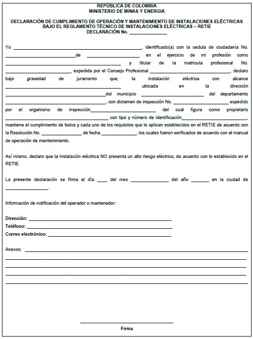 Artículo 4.3.6. Formatos de la declaración de cumplimiento 3 Declaracion cumplimiento mantenimiento instalaciones electricas