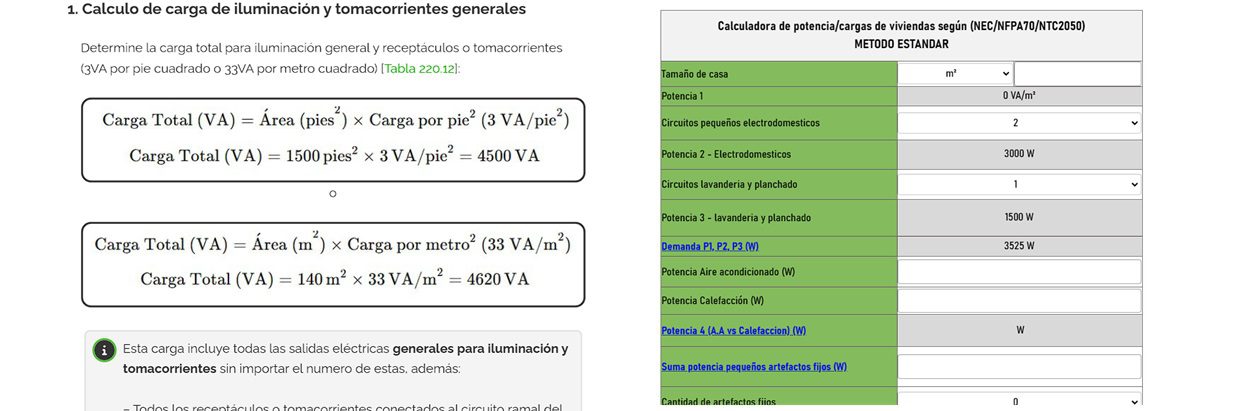 Calculadora y Guia para el Calculo de Potencia y Cargas Electricas en Viviendas – Metodo Estandar NEC-NTC2050