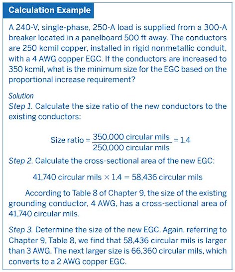 Artículo 250 del NEC: Guía Completa sobre Puesta a Tierra y Unión en Instalaciones Eléctricas 42 Calculo ejemplo de EGC minimo