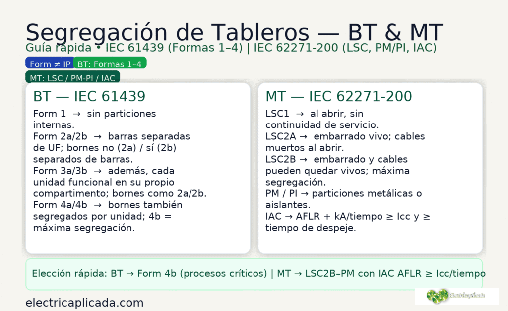 Calculo y calculadora de particiones y segregación de tableros eléctricos 1, 2a, 2b, 3a, 3b, 4a y 4b