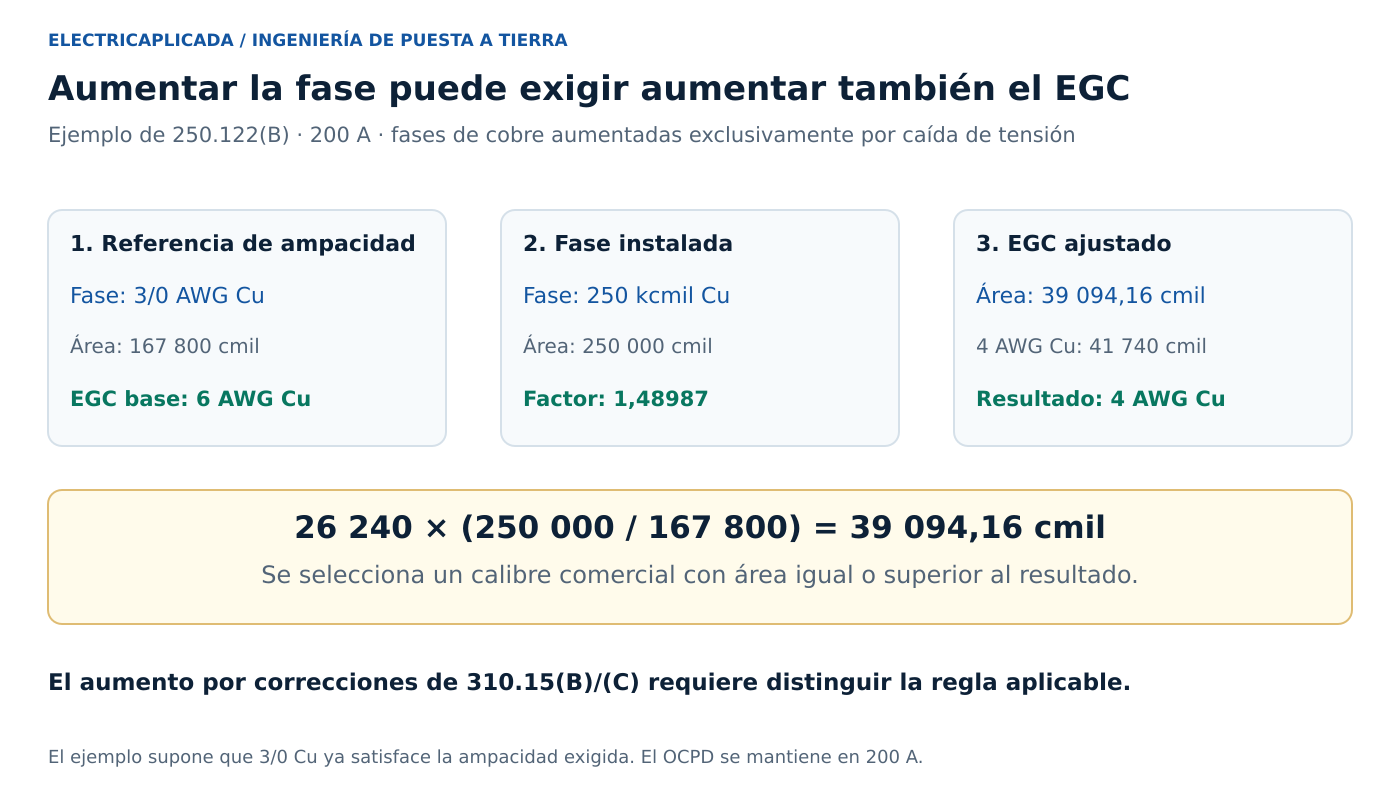 Artículo 250 del NEC: puesta a tierra, unión y cálculos de diseño 3 Cálculo proporcional que aumenta un EGC de 6 AWG a 4 AWG Cu al aumentar fases de 3/0 AWG a 250 kcmil.