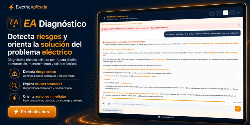 EA Diagnóstico marcando riesgo crítico de electrocución e incendio ante una falla en la ducha eléctrica, antes de explicar las causas probables