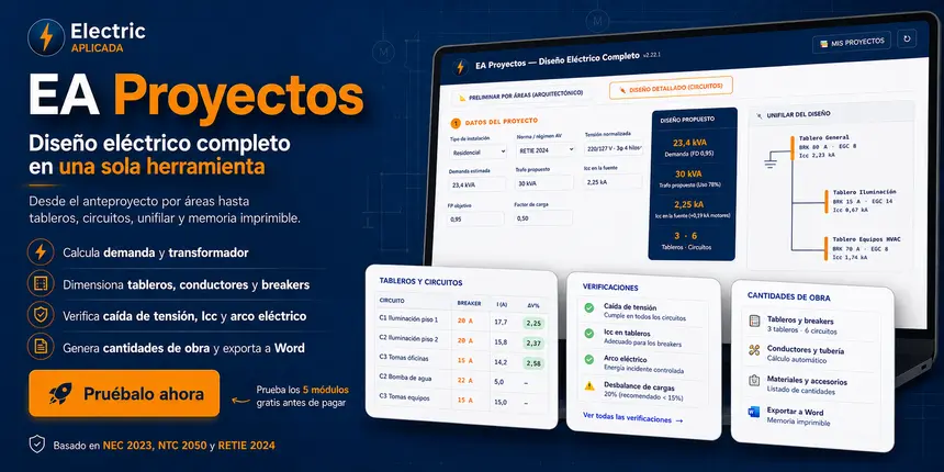 EA Proyectos: diseño eléctrico completo, con la demanda, el transformador propuesto, el unifilar y las verificaciones de caída de tensión, Icc y arco eléctrico