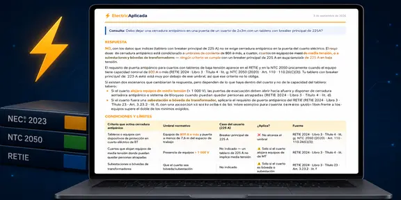 EA Code respondiendo una consulta normativa con la tabla de criterios, los umbrales y la fuente exacta en RETIE y NTC 2050